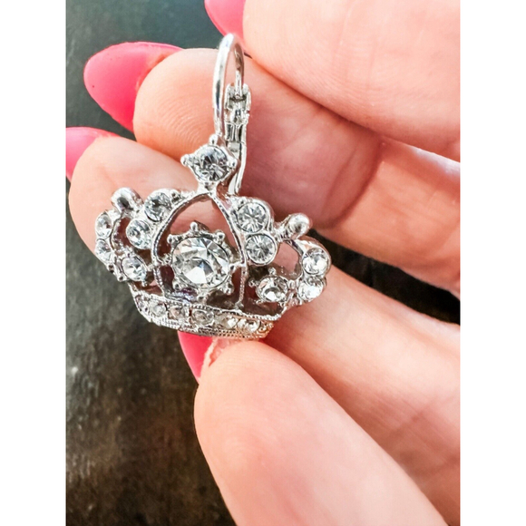 Signed Kirks Folly Rhodium Plated Clear Crystal Victorian Revival Drop Earrings - Picture 2 of 6